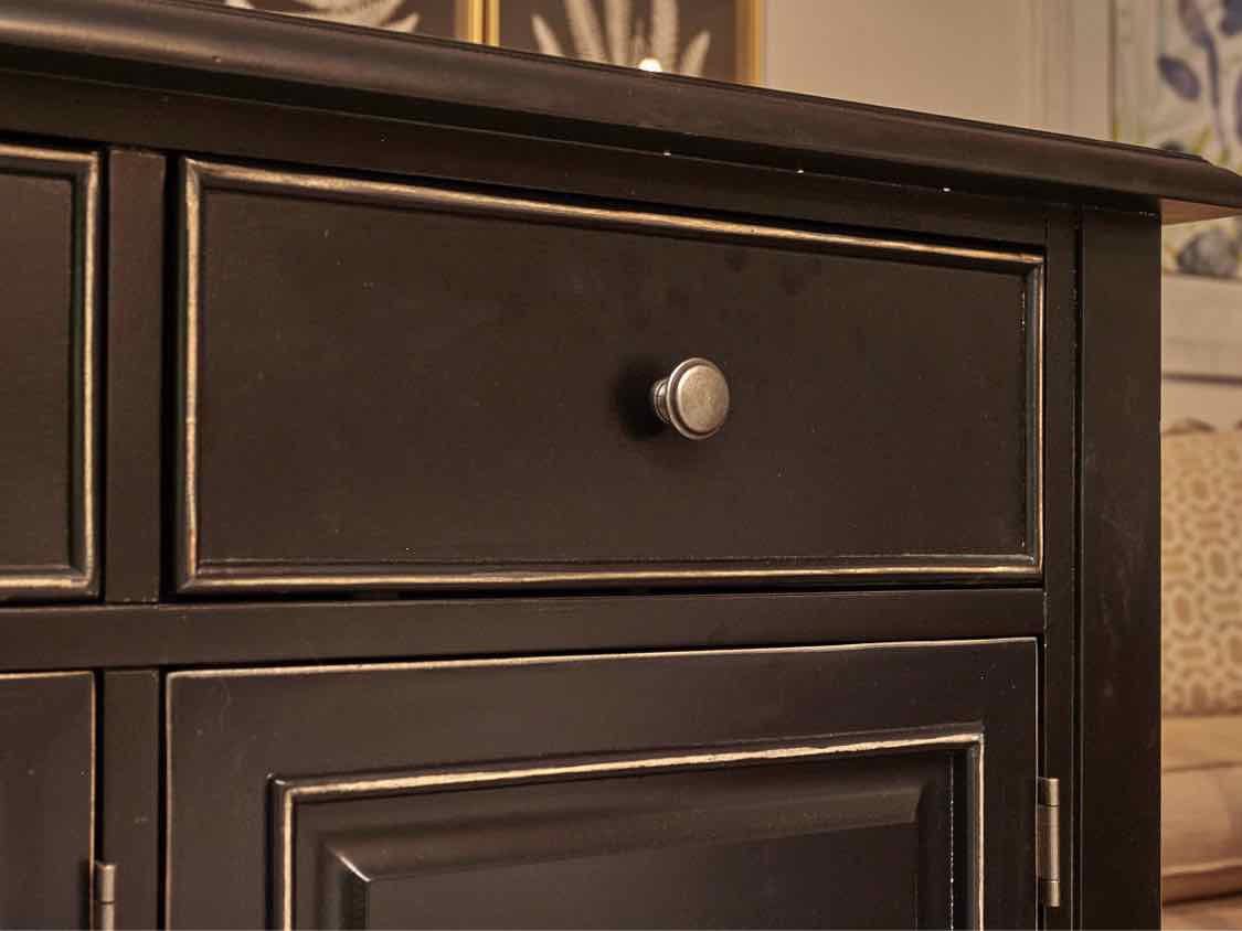 Black Finish Distressed Accents 3 Drawer 3 Door Console