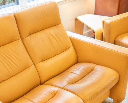 Ekornes Camel Leather High Back Reclining Loveseat