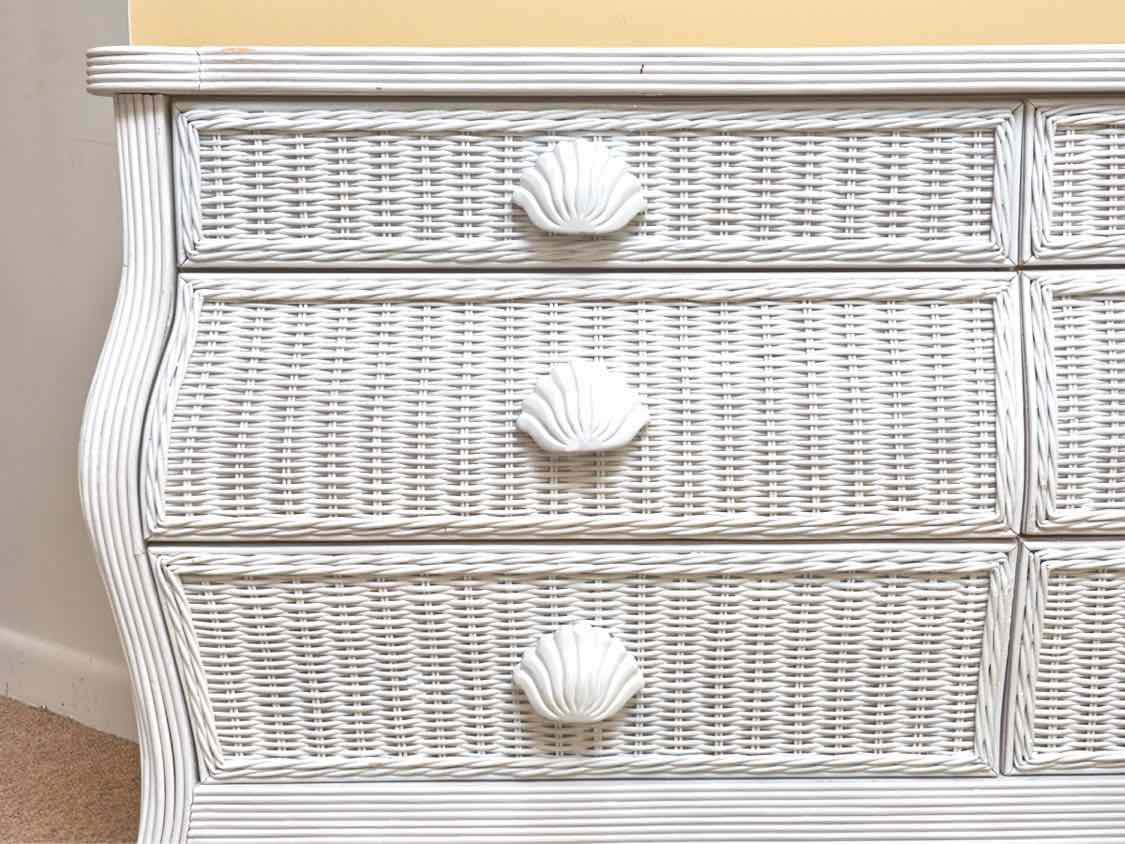 White Wicker 6 Drawer With Shell Accent Knobs Dresser