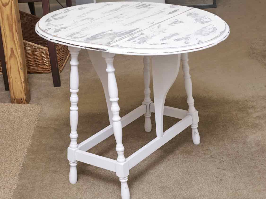 White Distressed  Finish Drop Leaf Turned Leg  Side Table