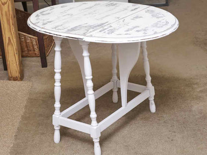 White Distressed  Finish Drop Leaf Turned Leg  Side Table