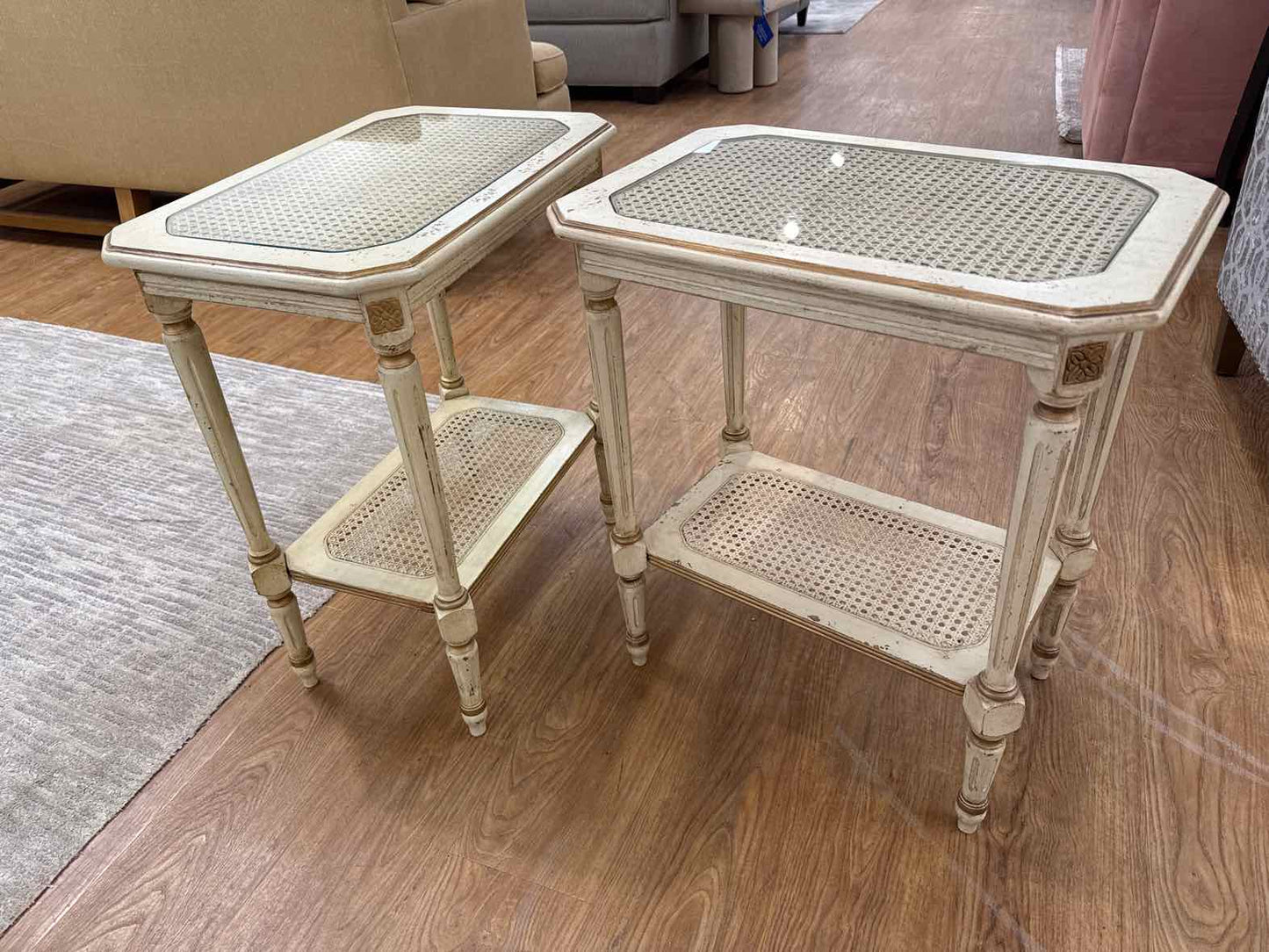 Domain Pair of Glass-Top Cane Side Tables
