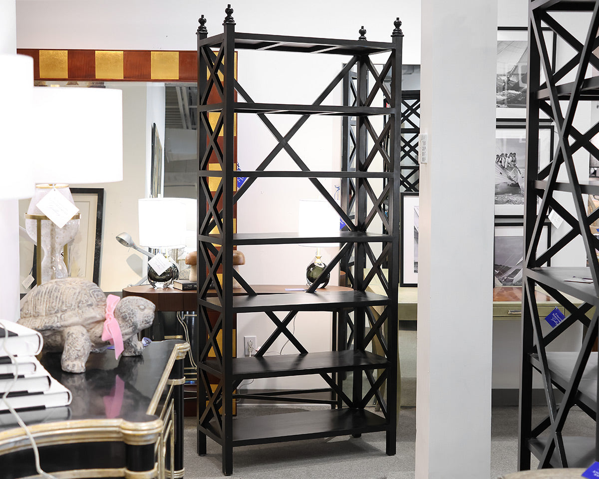 Black Etagere with Crisscross Side Detail and Top Finials