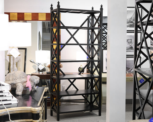 Black Etagere with Crisscross Side Detail and Top Finials