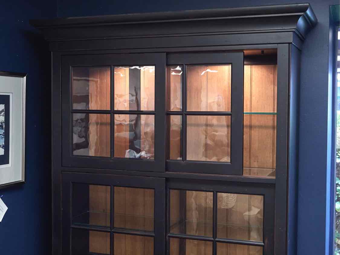Sliding Door Display Cabinet in Black with Natural Finish Interior