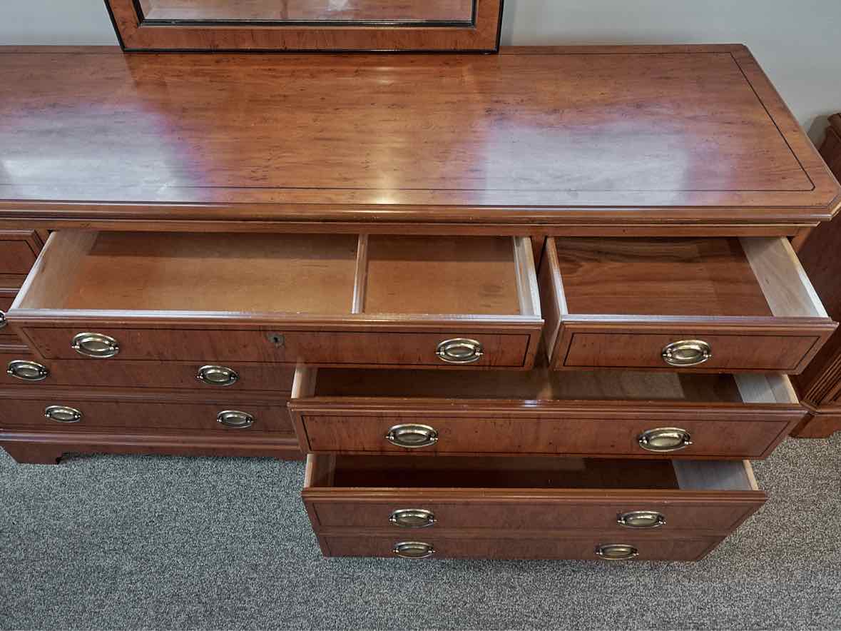 Drexel Inlaid Burlwood Seven Drawer Dresser & Mirror