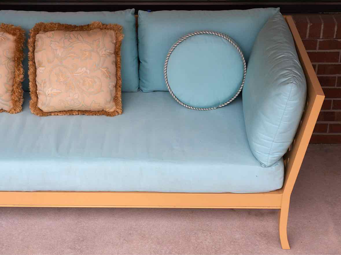 McKinnon & Harris duVal Alexander Outdoor Sofa in Deco Yellow & Robins Egg Blue