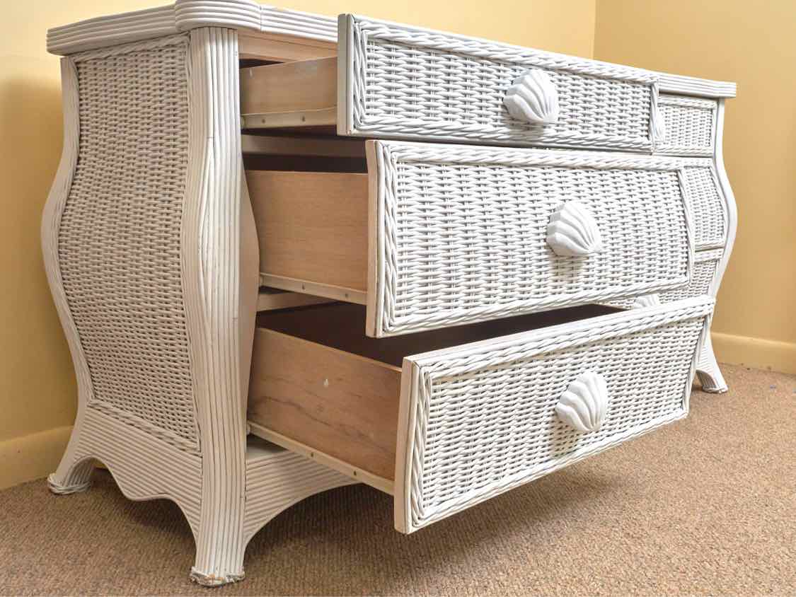 White Wicker 6 Drawer With Shell Accent Knobs Dresser