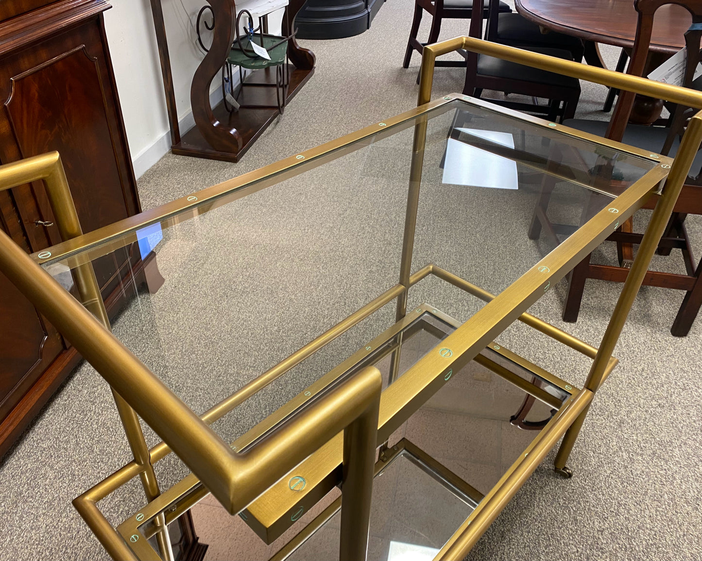 Brass Bar Cart with Glass Top & Mirrored Shelf