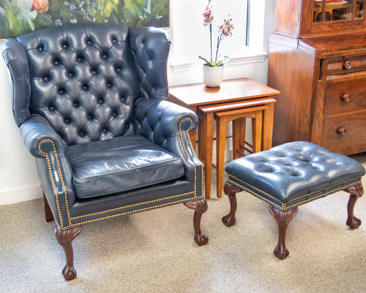 Leathercraft Navy Leather Wing Chair