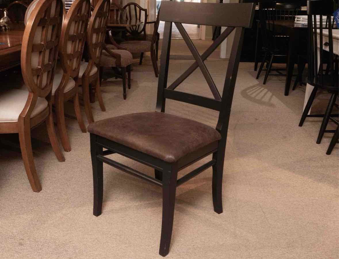Set Of Arhaus 4 Black Finish Acacia Wood X Back Faux Leather Seat  Dining Chairs