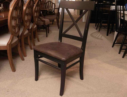 Set Of Arhaus 4 Black Finish Acacia Wood X Back Faux Leather Seat  Dining Chairs