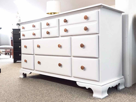 Rock Maple 9  Drawer Dresser in White Finish With Natural Wood Knobs