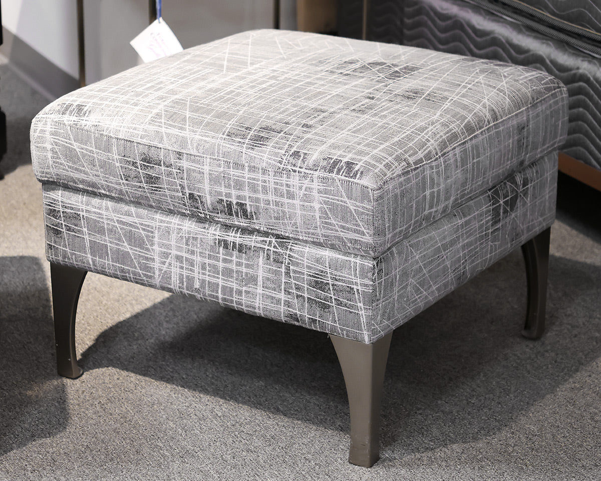 Bassett Custom Ottoman in Grey & White Sketch Abstract on Brushed Stainless Legs