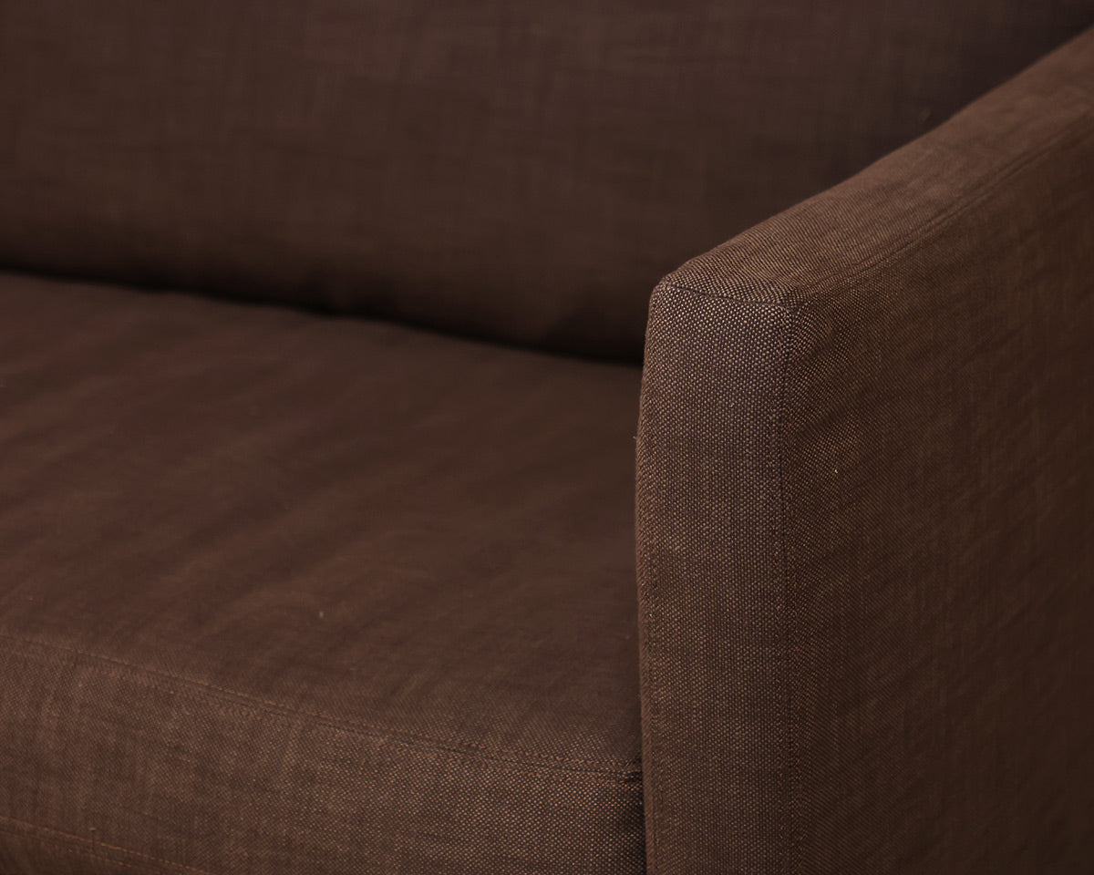 RH Shelter Arm Bench Seat 9' Sofa in Brown Belgian Linen