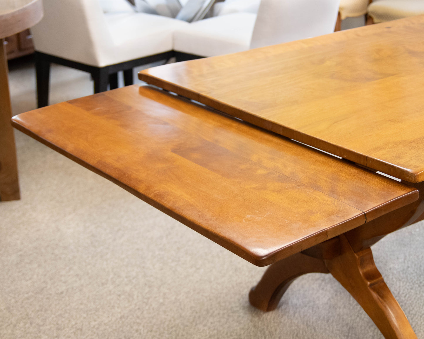 Maple Extension Dining Table With (2) Pull Out Leaves On Trestle Base