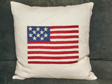 Embroidered Flag On White Linen Accent Pillow