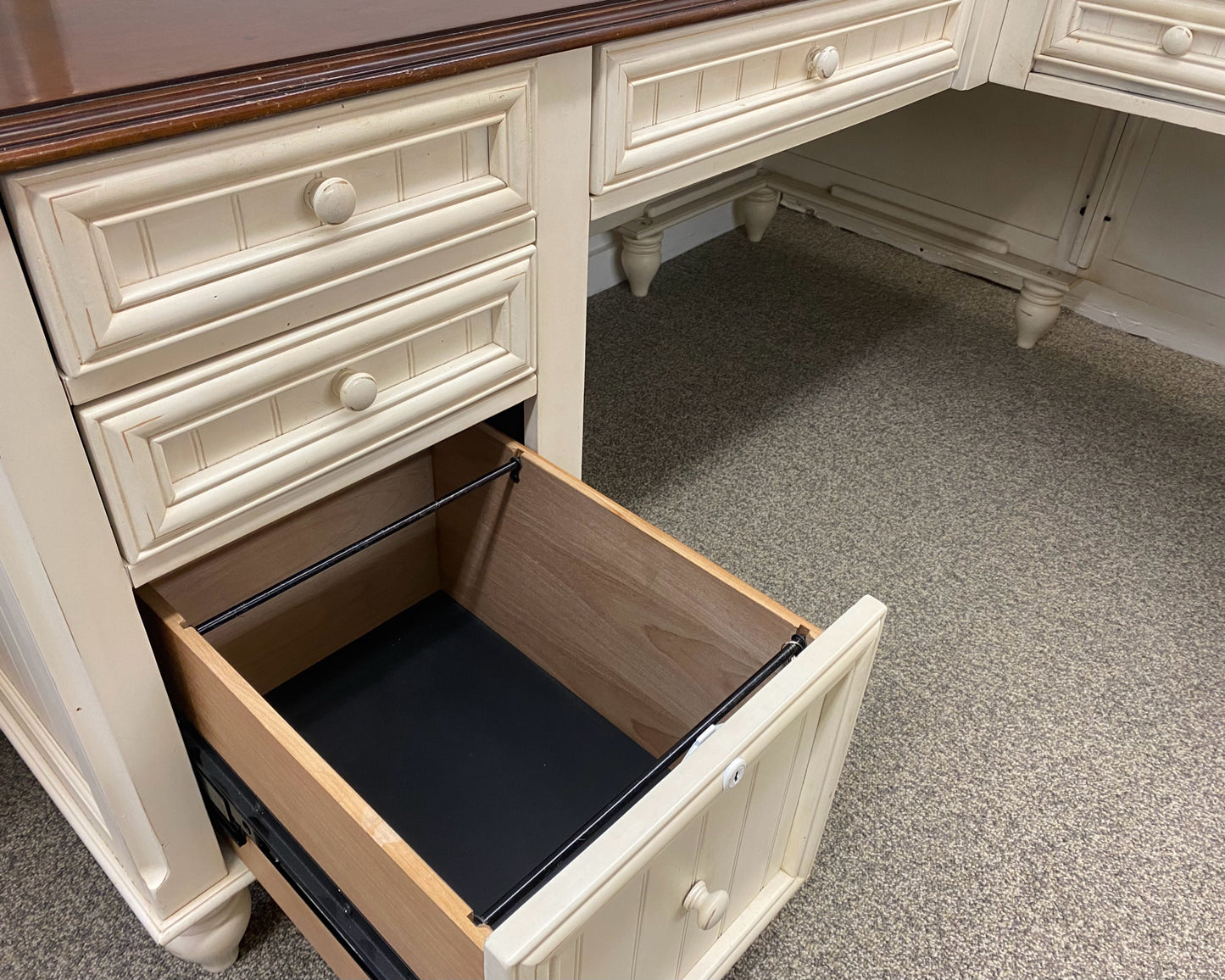 Beadboard Panel Corner Desk in Antique White with Cherry Finish Top