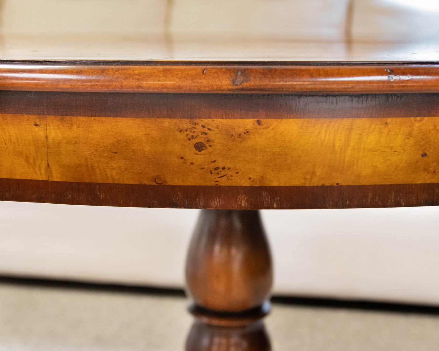 Burlwood Inlaid Round Pedestal Dining Table & Set of 4 Carved Inlaid Armchairs