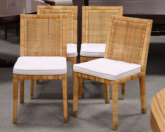 Set of 4 Serena & Lily Balboa Rattan Side Chairs in Natural with White Cushions