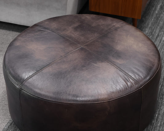 Restoration Hardware Round Ottoman in Distressed Brown Leather