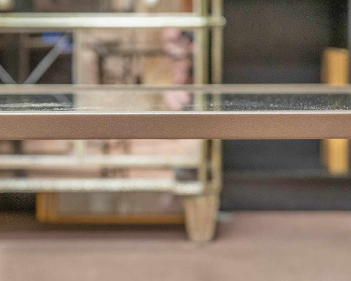 Pair of Antiqued Brass Square Side Tables W/ Glass Tops