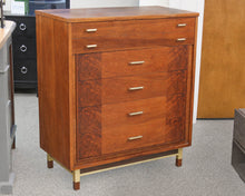 Walnut Mid Century Modern 5 Drawer Chest with Brass Accent Handles