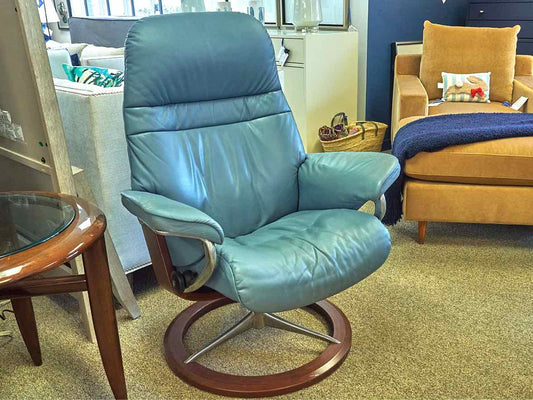 Ekornes Stressless Sunrise Recliner & Ottoman in Paloma Sparrow Blue Leather