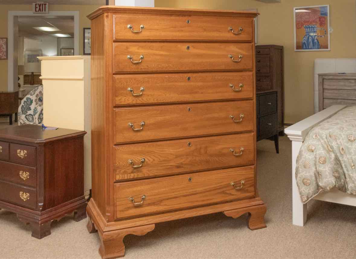 Kincaid Oak 6 Drawer Tall Chest with Brass Hepplewhite Handles