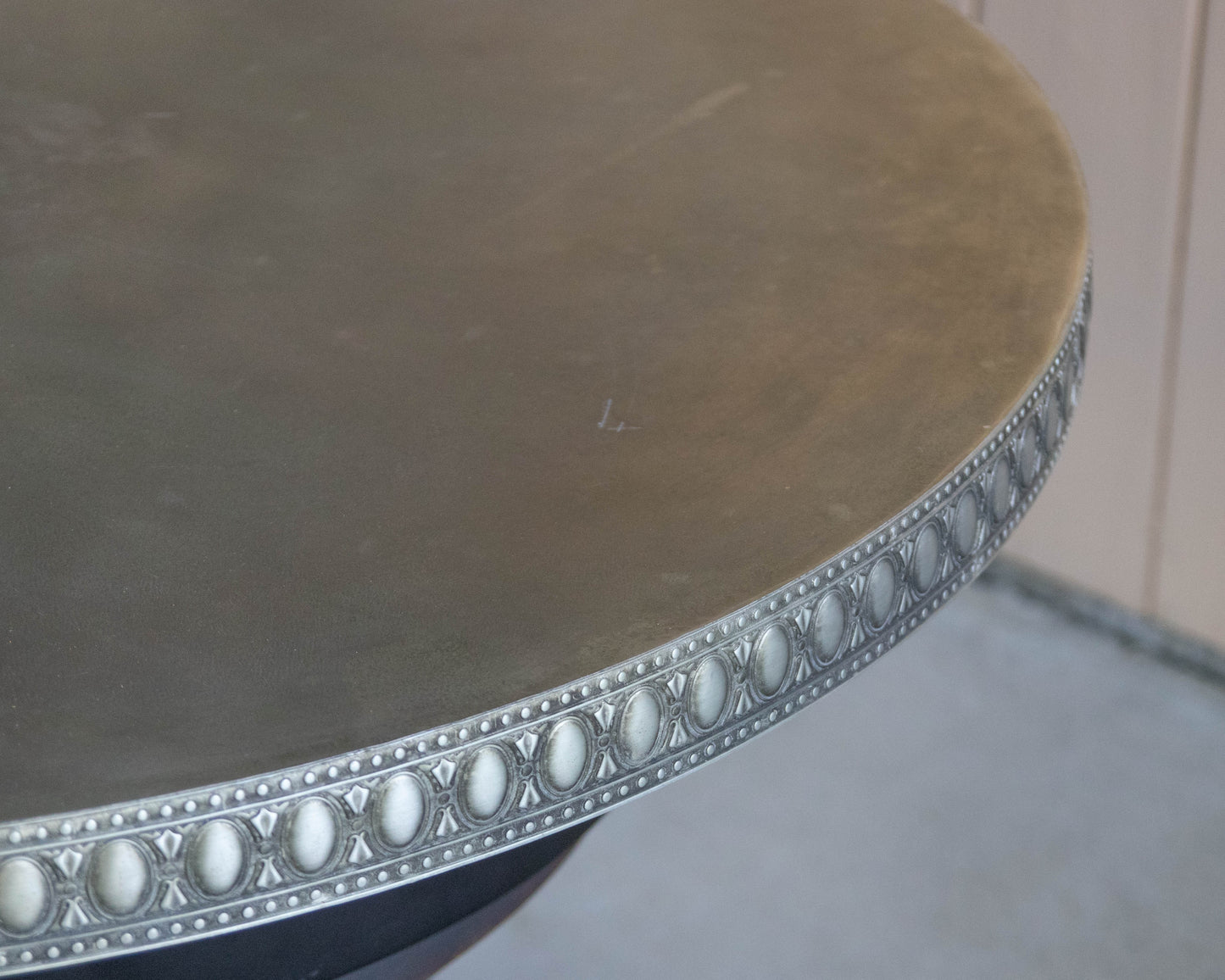 Ornate Zinc Top Beveled Egde Accent Table On Bronze Tone  Metal Base