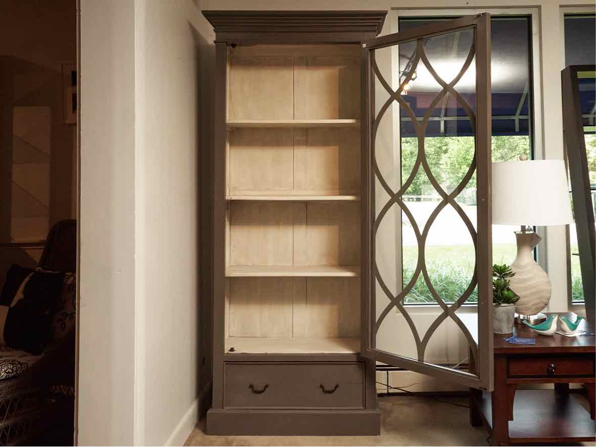 Colonial Grey Finish Glass Door & Drawer Display Cabinet