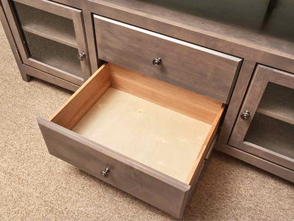 Gray Wash Media Furniture with 2 Glass Doors & 2 Drawers with Nickel Knobs