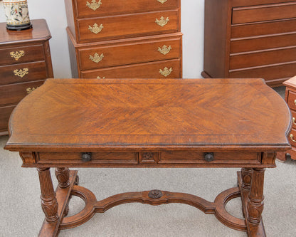 Broyhill Warm Brown Writting Desk W/Inlaid Table Top & Carved Trestle Leg Base