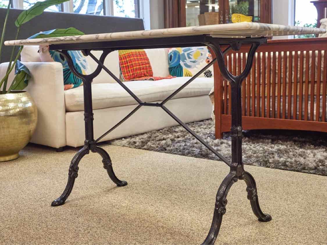 Marble Top French Baker's  Table with Black Wrought Iron Base