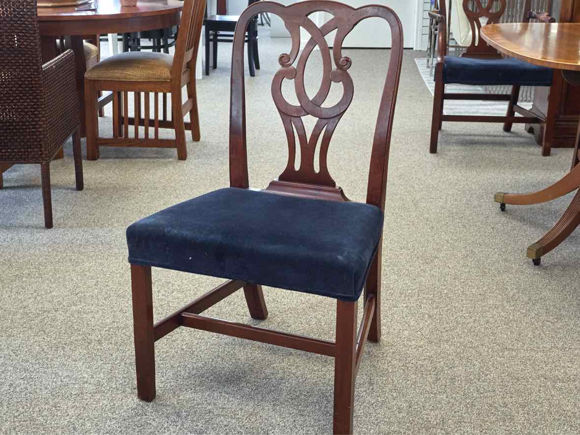 Set of 8 Carved Mahogany Dining Chairs with Dark Blue Velvet Seats