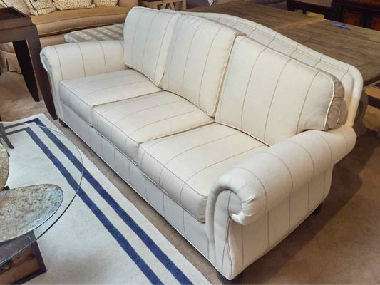 Ethan Allen 3 Cushion Cream & Taupe Stripe Rolled Arms  Sofa