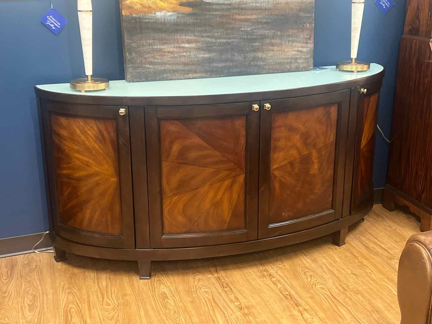 Caracole Mahogany Demilune w/ Frosted Glass Top