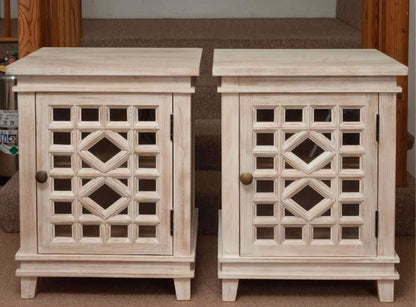 Pair of Pottery Barn Whitewashed Lattice Front Glass Door Nightstands