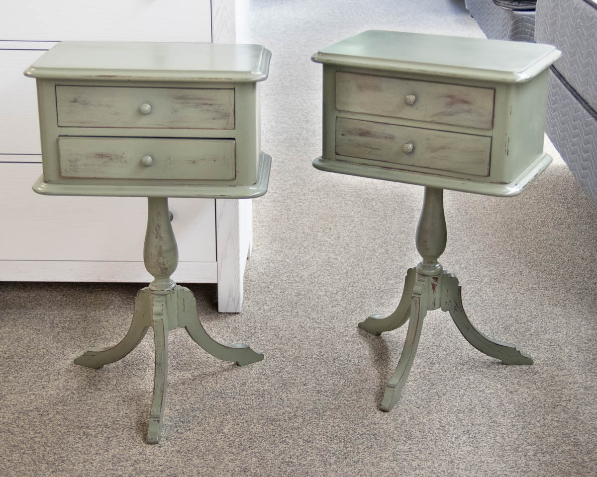 Pair Of Solid Mahogany 2  Drawer Nightstands Finished In Antiqued Sage Green