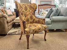 Pair of Fireside Wing Chairs in Autumn Tones on Carved Fruitwood Frame