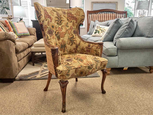 Pair of Fireside Wing Chairs in Autumn Tones on Carved Fruitwood Frame