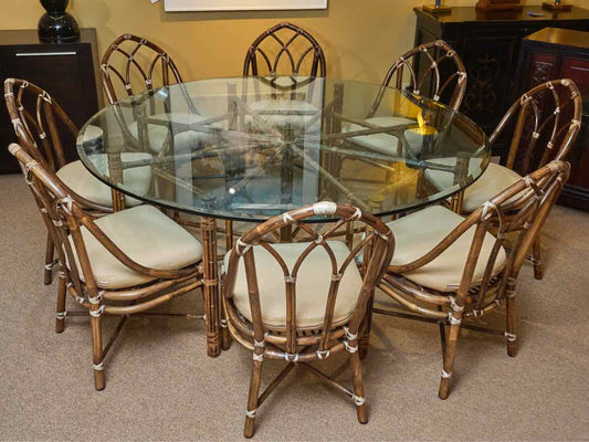 McGuire Glass Top Rattan Bamboo  Table &  8 Chair Set