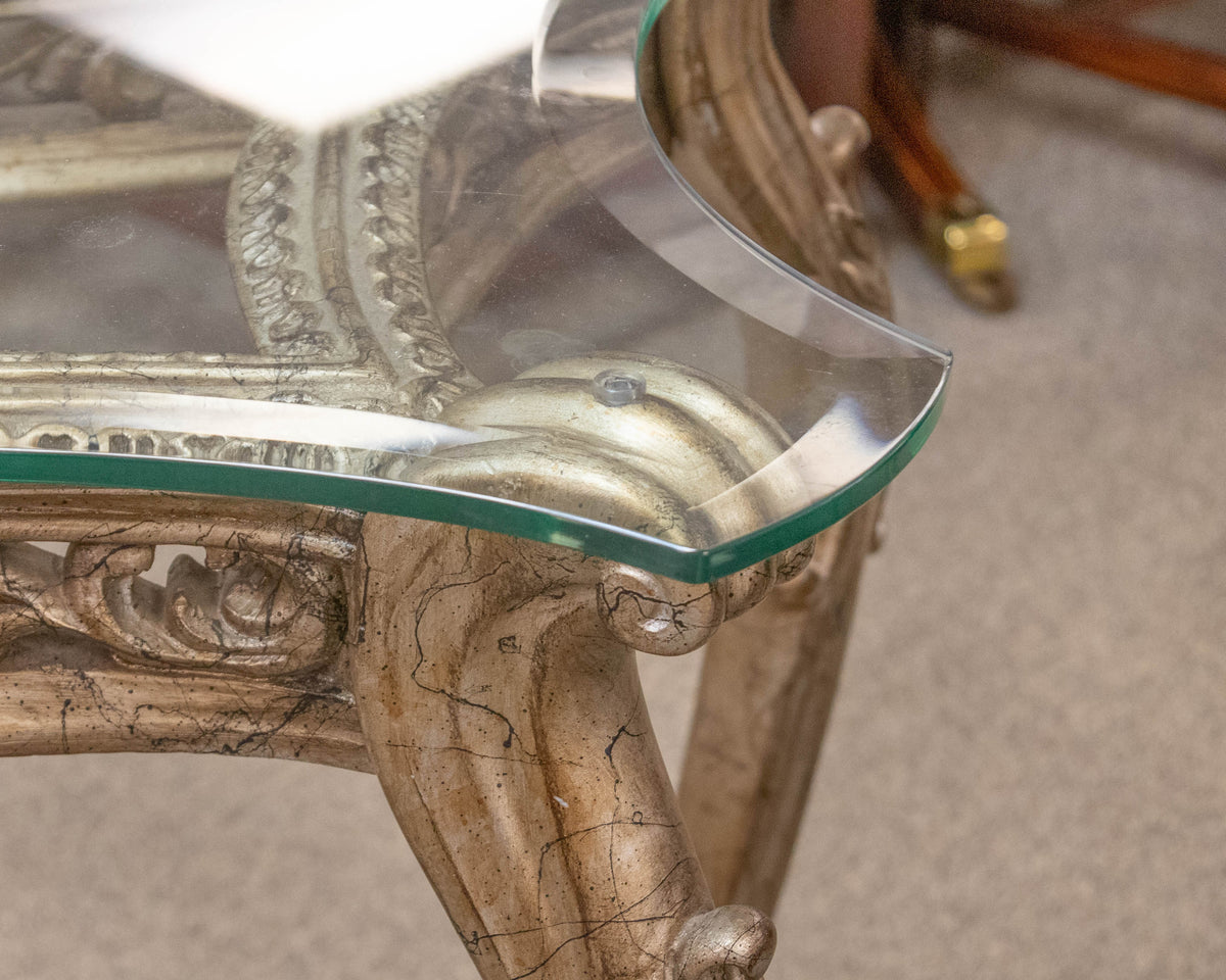 Ornate Silver-Gold Console Table with Glass Top