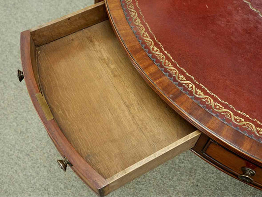 Mahogany Rent Table  with Leather Top on Pedestal Base with Casters