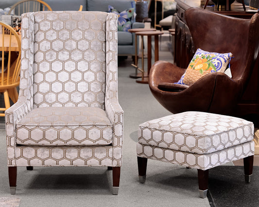 Geometric Patterned Sloped Arm Chair and Matching Ottoman