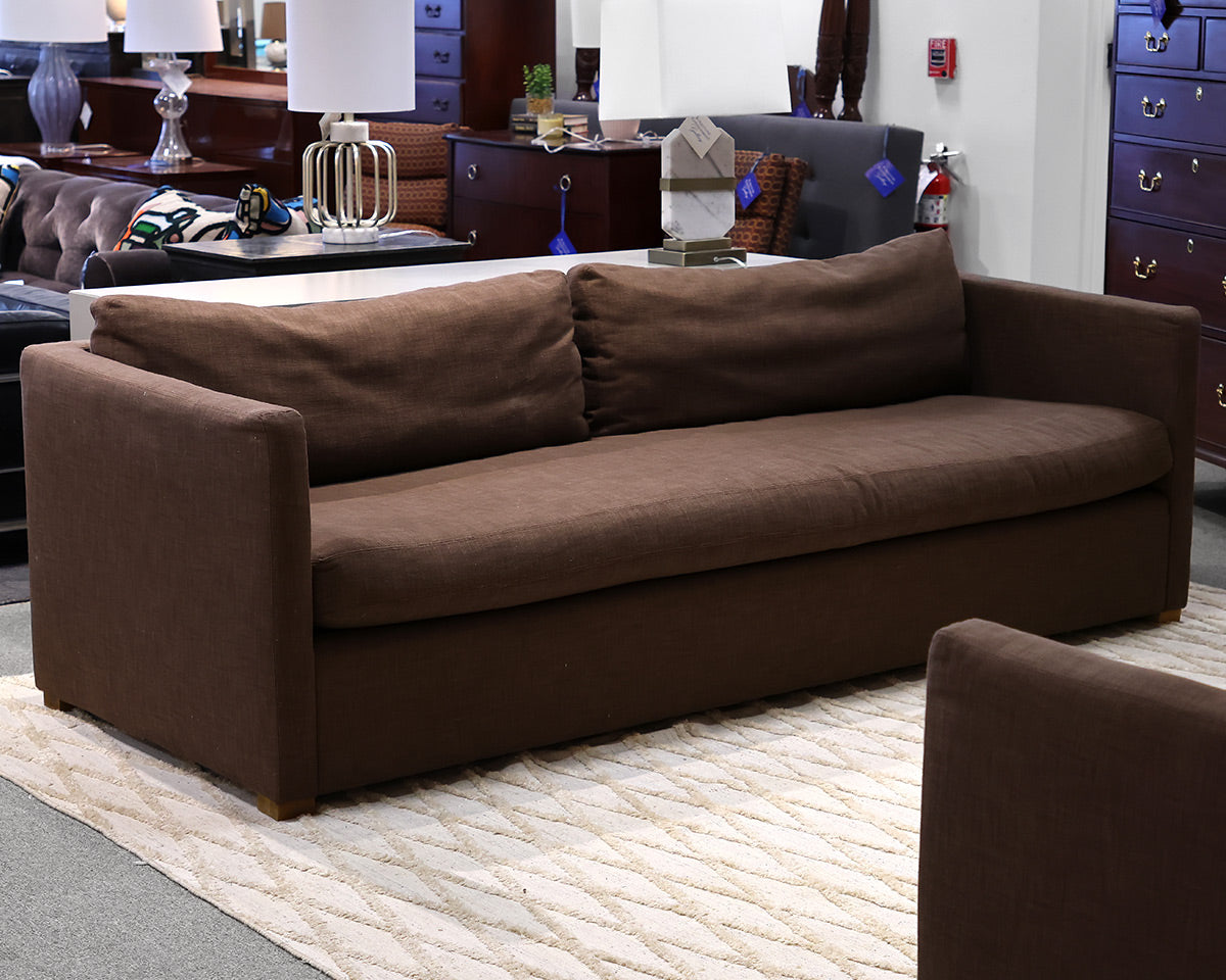 RH Shelter Arm Bench Seat 8' Sofa in Brown Belgian Linen