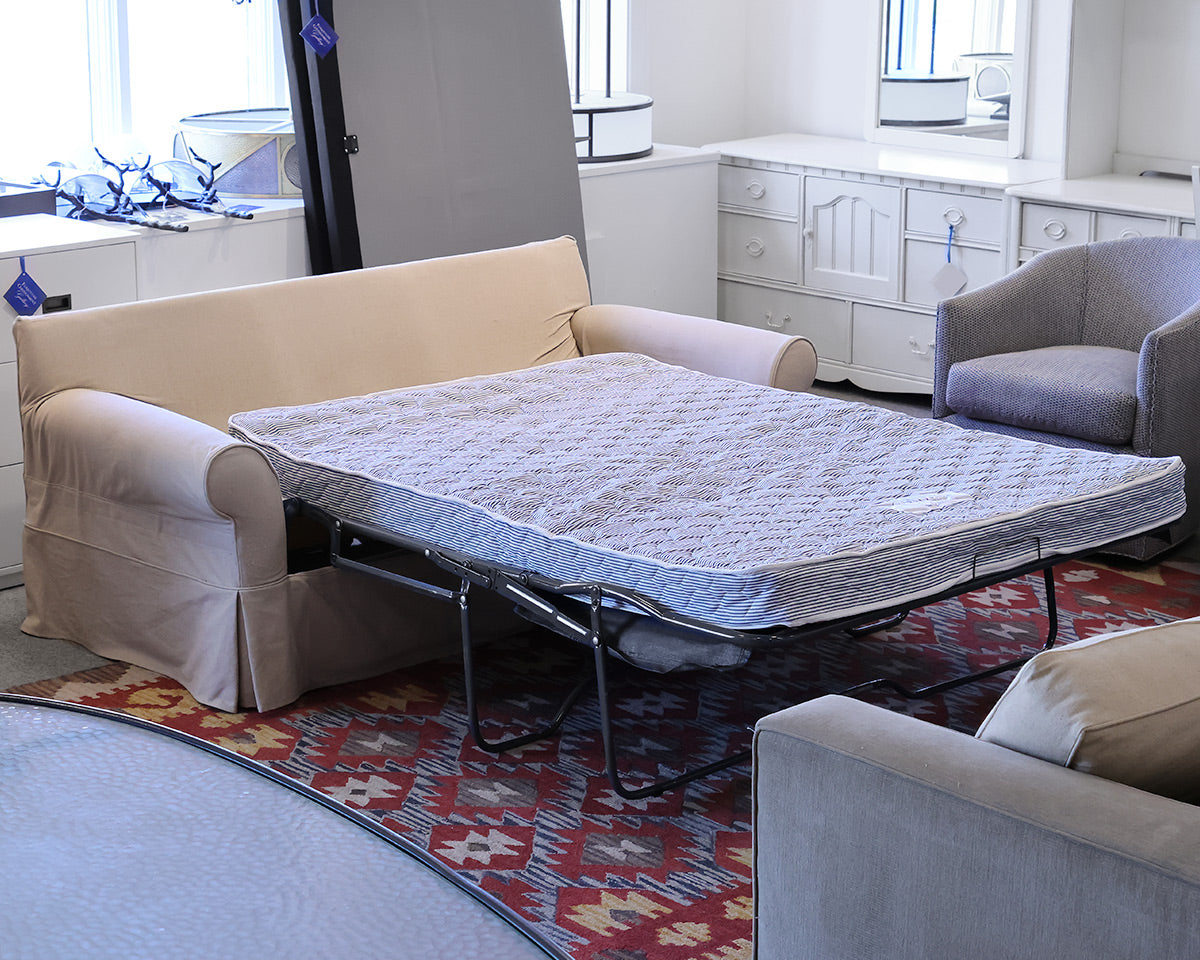 Queen Sleeper Sofa in Beige Woven Upholstery w/Skirt. 2 Cushion