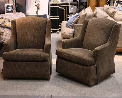 Pair of Jessica Charles Swivel Chairs in Brown Chenille