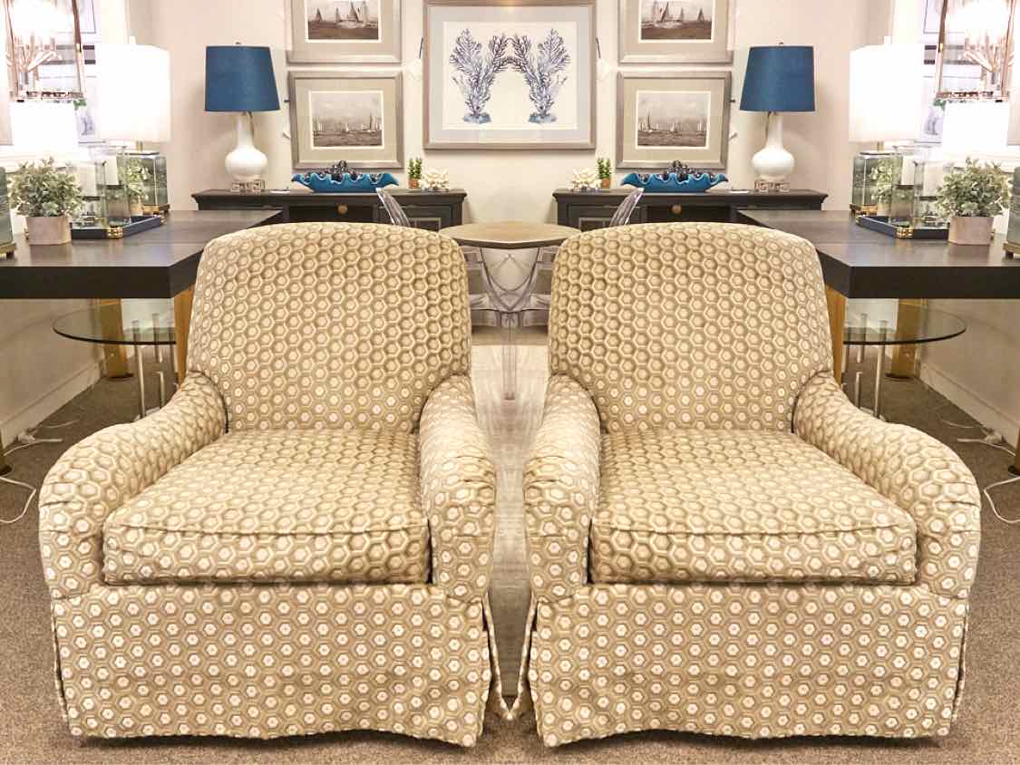 Pair of Baker Sage & Ivory Hexagon Design Upholstered Swivel  Chairs