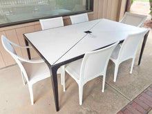 Outdoor Black Steel Base Dining Table with White Metal Chairs
